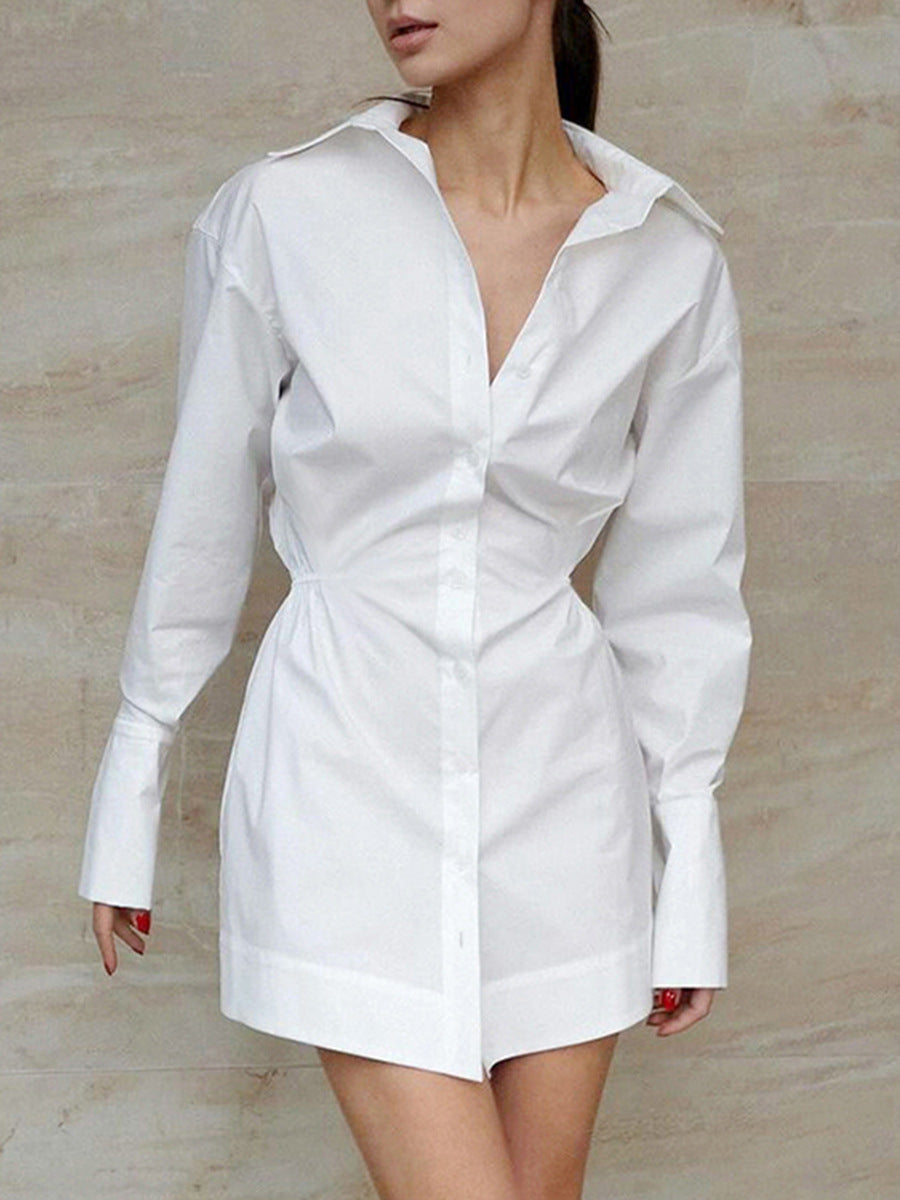 Women's Casual Office Solid Color Cotton Long Sleeve Tight Waist Dress
