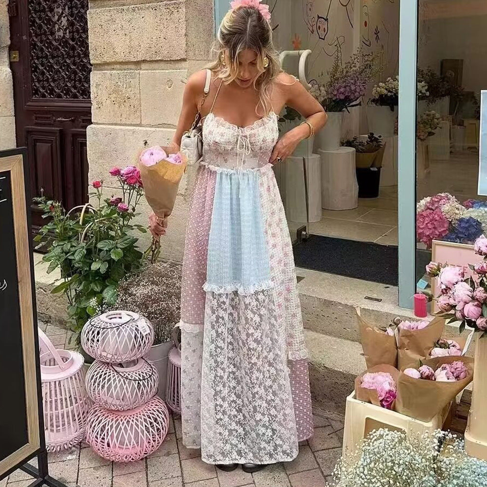 Women's Boho Style Tiny Flower Lace Halter Neck Maxi Dress