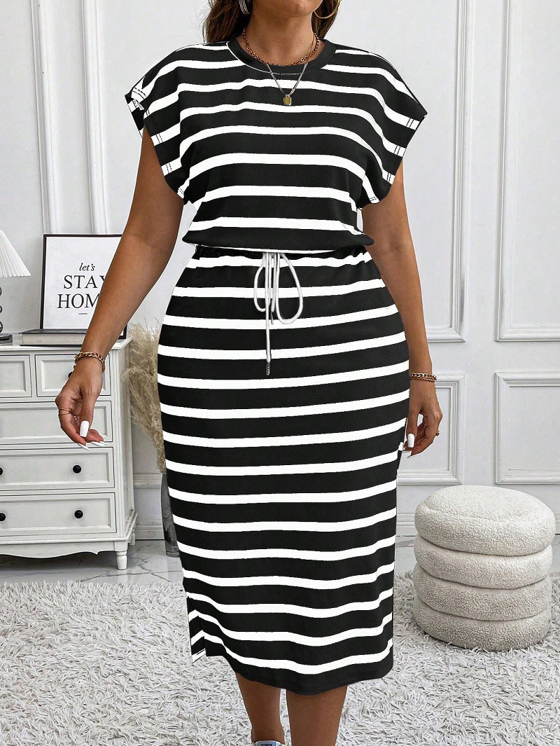 Women's Plus Size Stripe Lace-Up Midi Dress, with Bat
