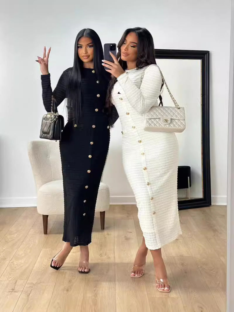 Women's Retro Round Neck Long Sleeve Button Slim Fit Knit Midi Dress
