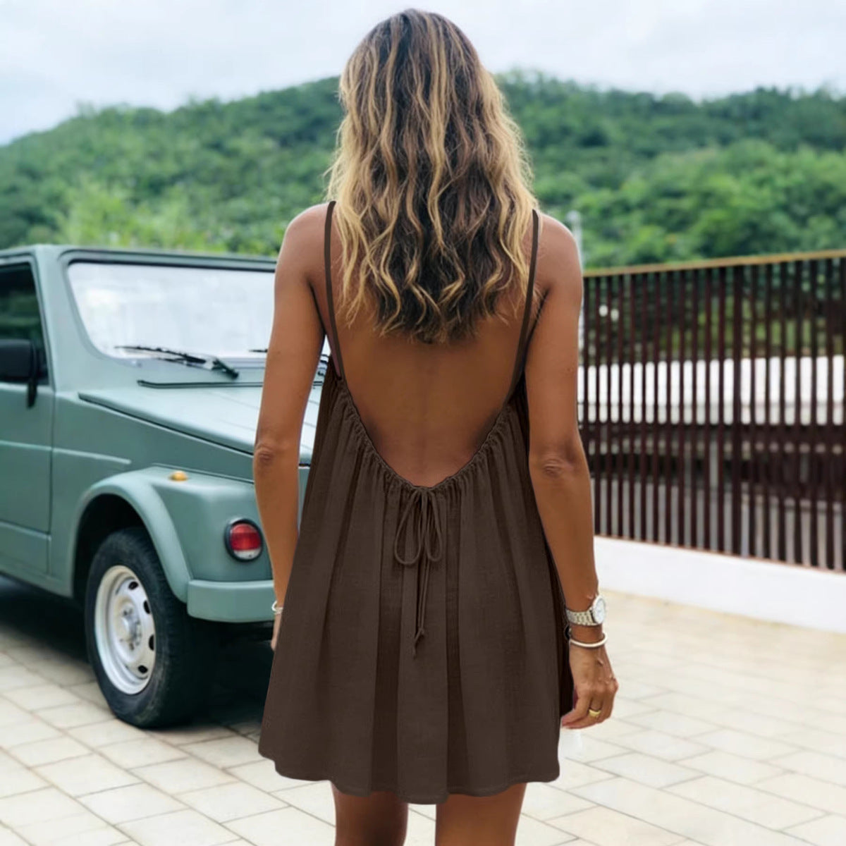 Women's Casual Solid Backless Strap Dress