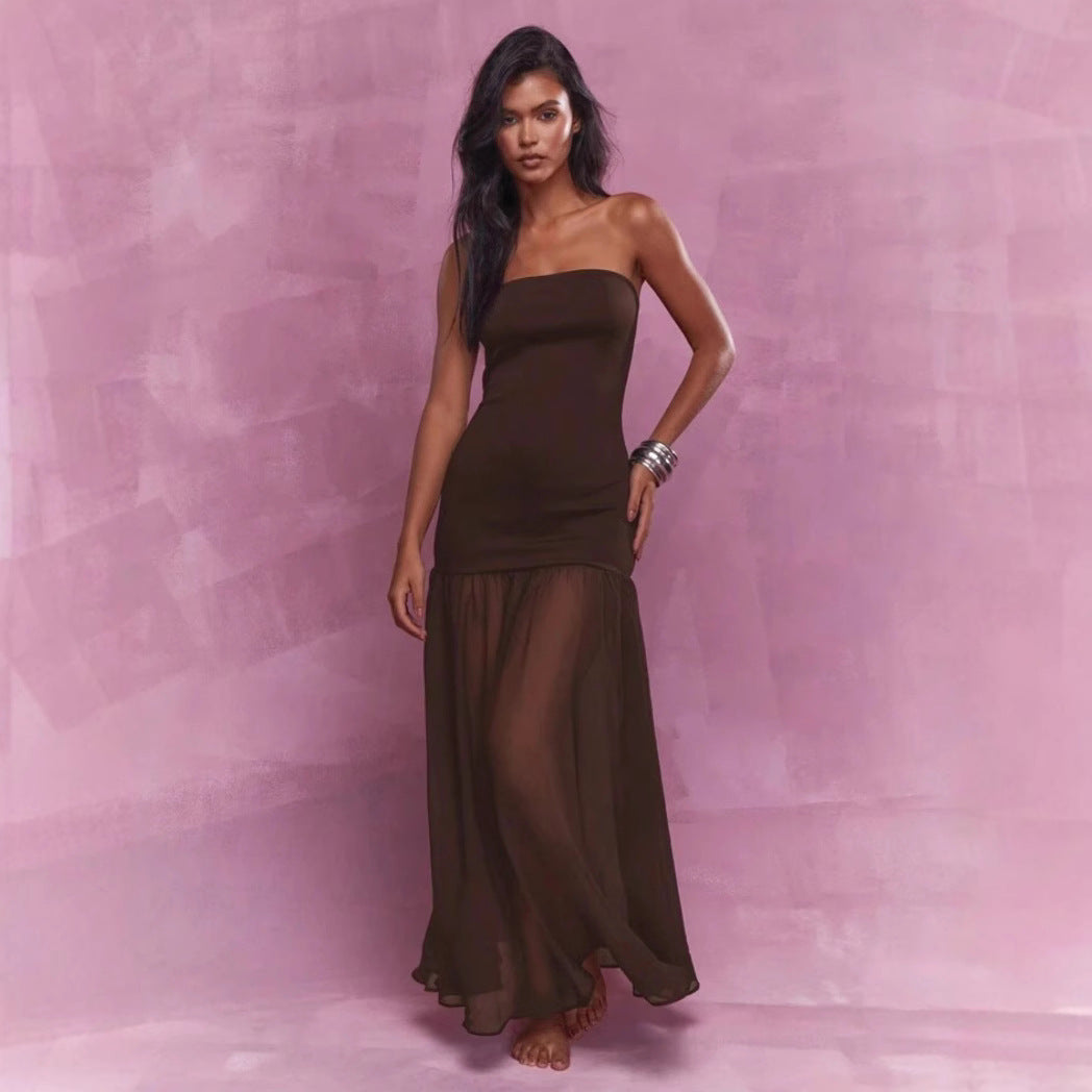 Women's Sexy Mesh Stitching Strapless Maxi Dress