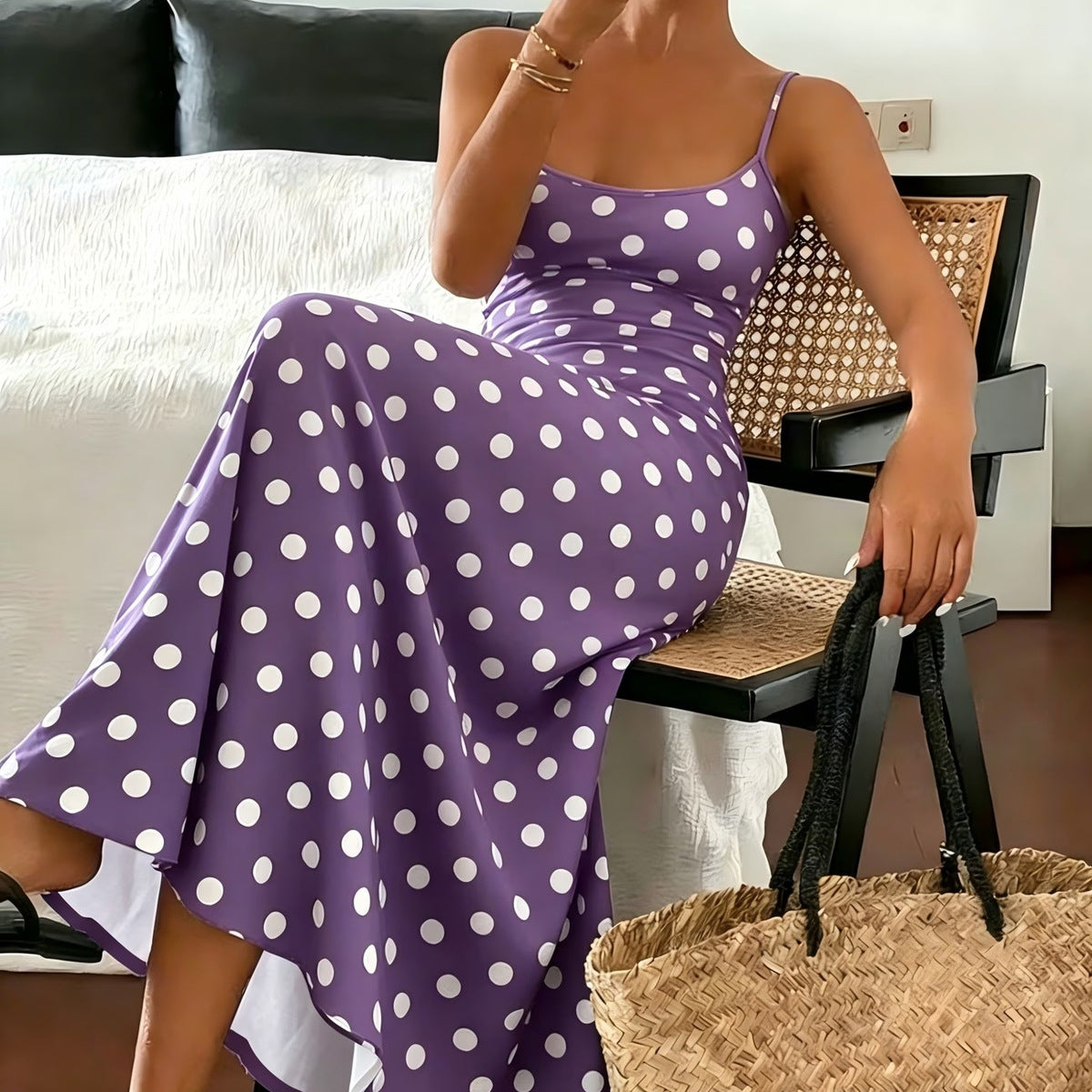 Women's Elegant Polo Dot Print Maxi Dress