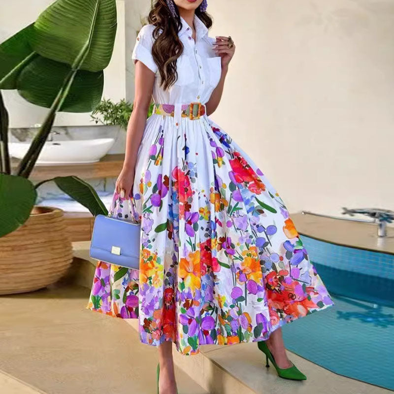Women's Elegant Short Sleeve Lapel Floral Printed Swing Maxi Shirt Dress