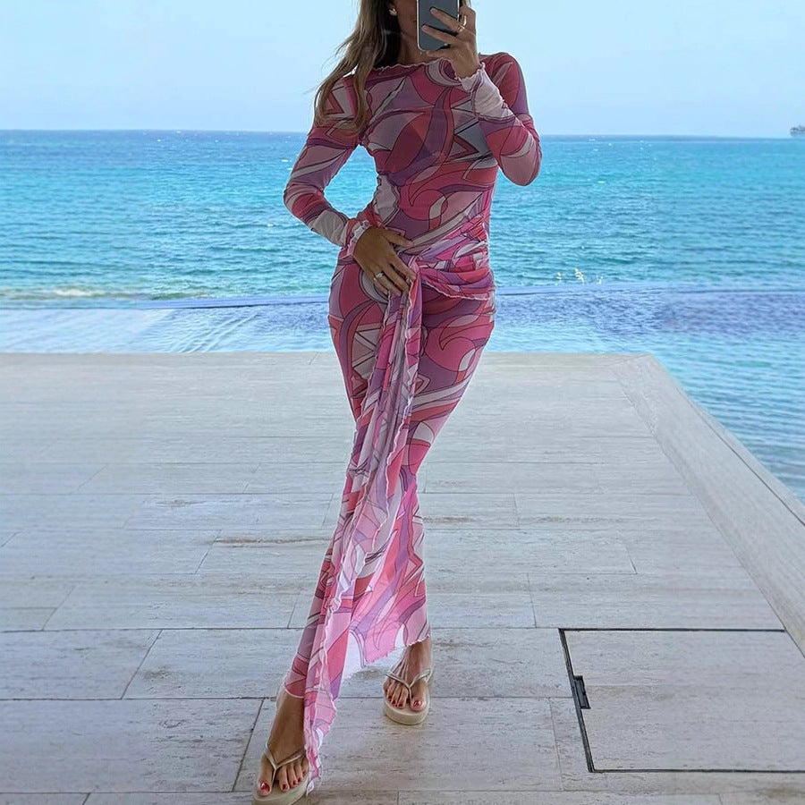 Women's Sexy Printed Long Sleeve Slim-Fit Stretch Maxi Dress