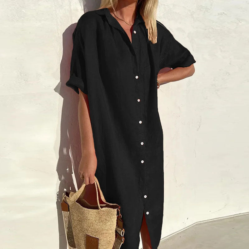 Women's Elegant Short Sleeve Button Cotton Linen Long Pocket Maxi Shirt Dress