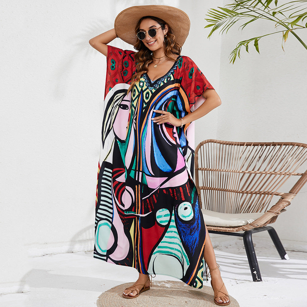 Women's Casual Tie-Dye Beach Short Sleeve Loose Swimsuit Cover-Ups