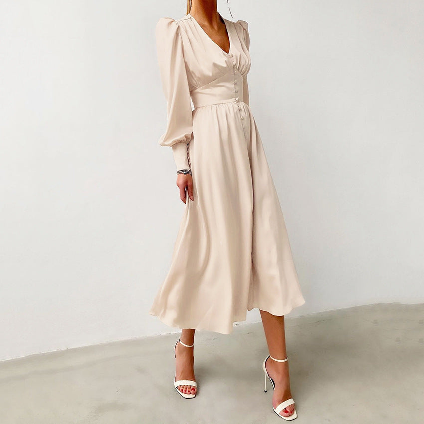 Women's Elegant Casual Long Sleeve Single-Breasted Long Sleeve Midi Dress
