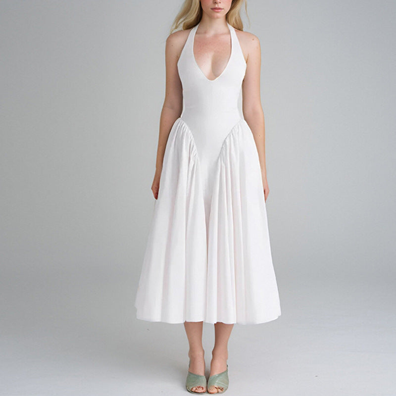 Women's Sexy Solid Color V-Neck Halter Neck Lace-Up High Waist Midi Dress
