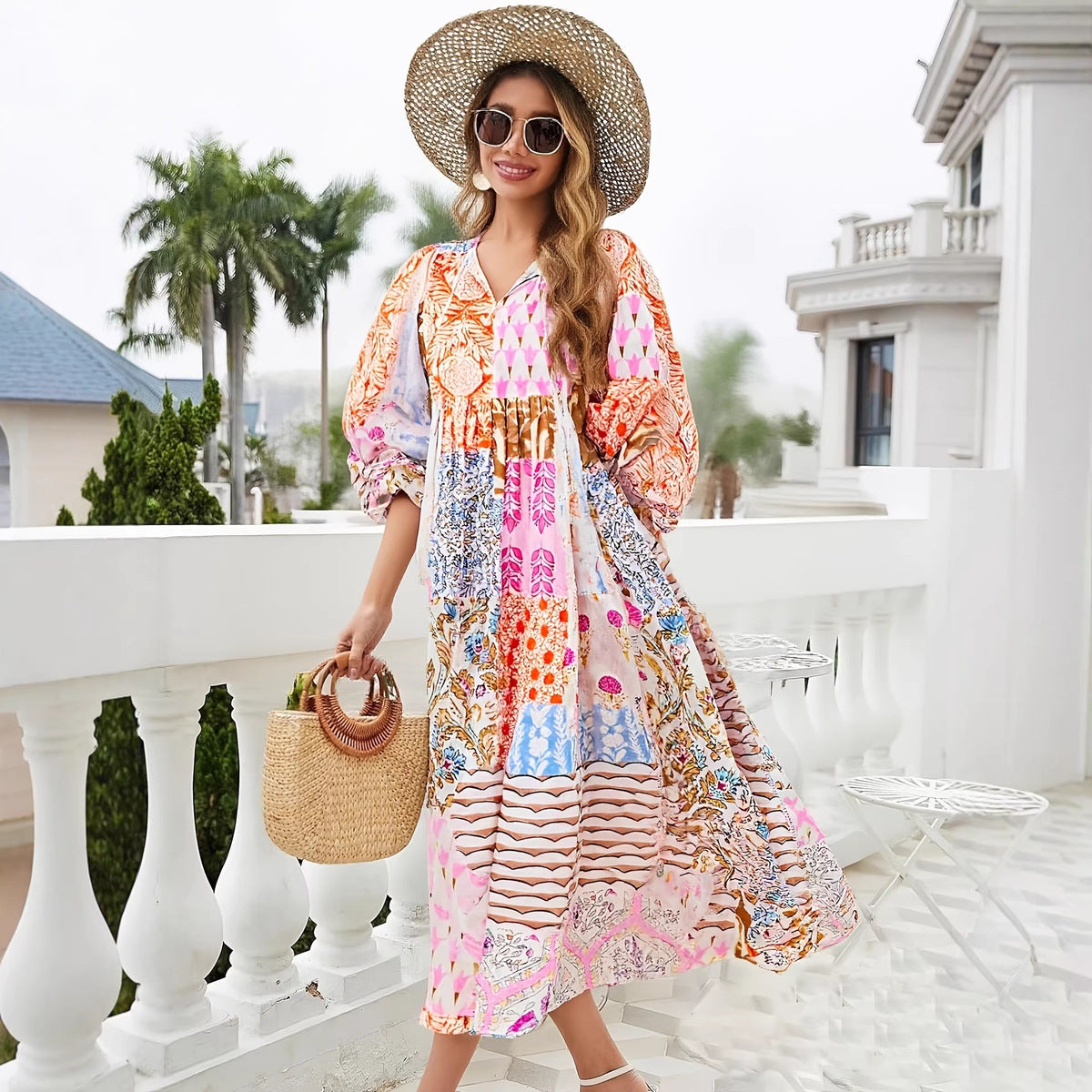 Women's Casual Boho Vcacation Printed V-Neck Short Sleeve Loose Dress