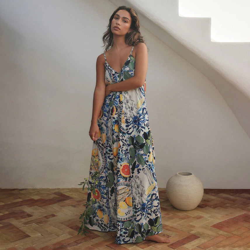 Women's Casual Vacation Printed V-Neck Spaghetti Strap Large Swing Dress