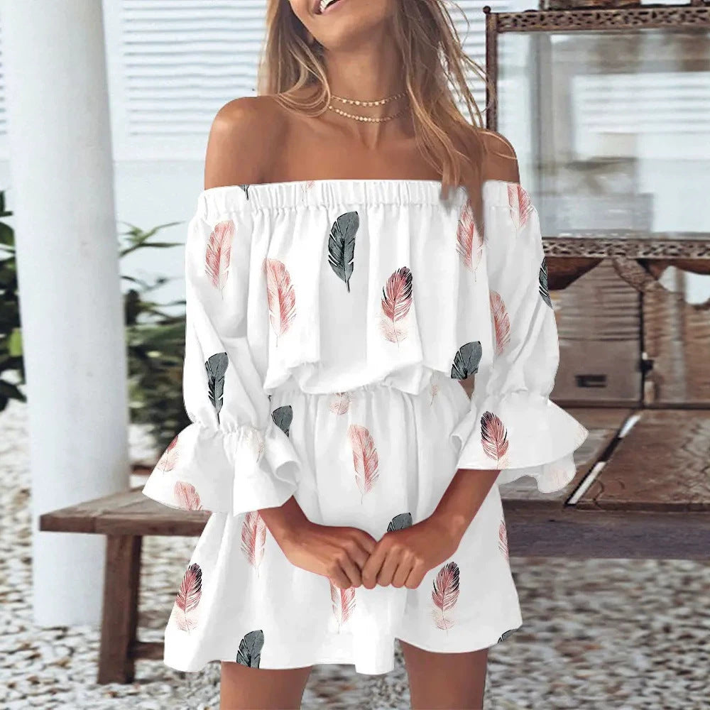 Women's Casual Loose Flower Print Off-Shoulder Long Sleeve Loose Dress