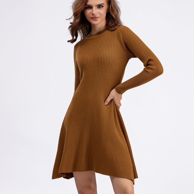 Women's Autumn Winter Solid Color Long Sleeve Knitted Pullover Dress