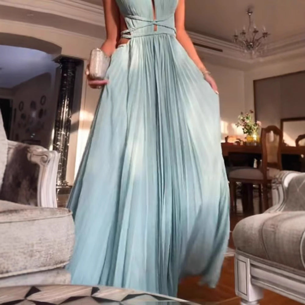 Women's Sexy Solid Color Pleated Lace-Up Sleeveless Backless Slim-Fit Maxi Dress
