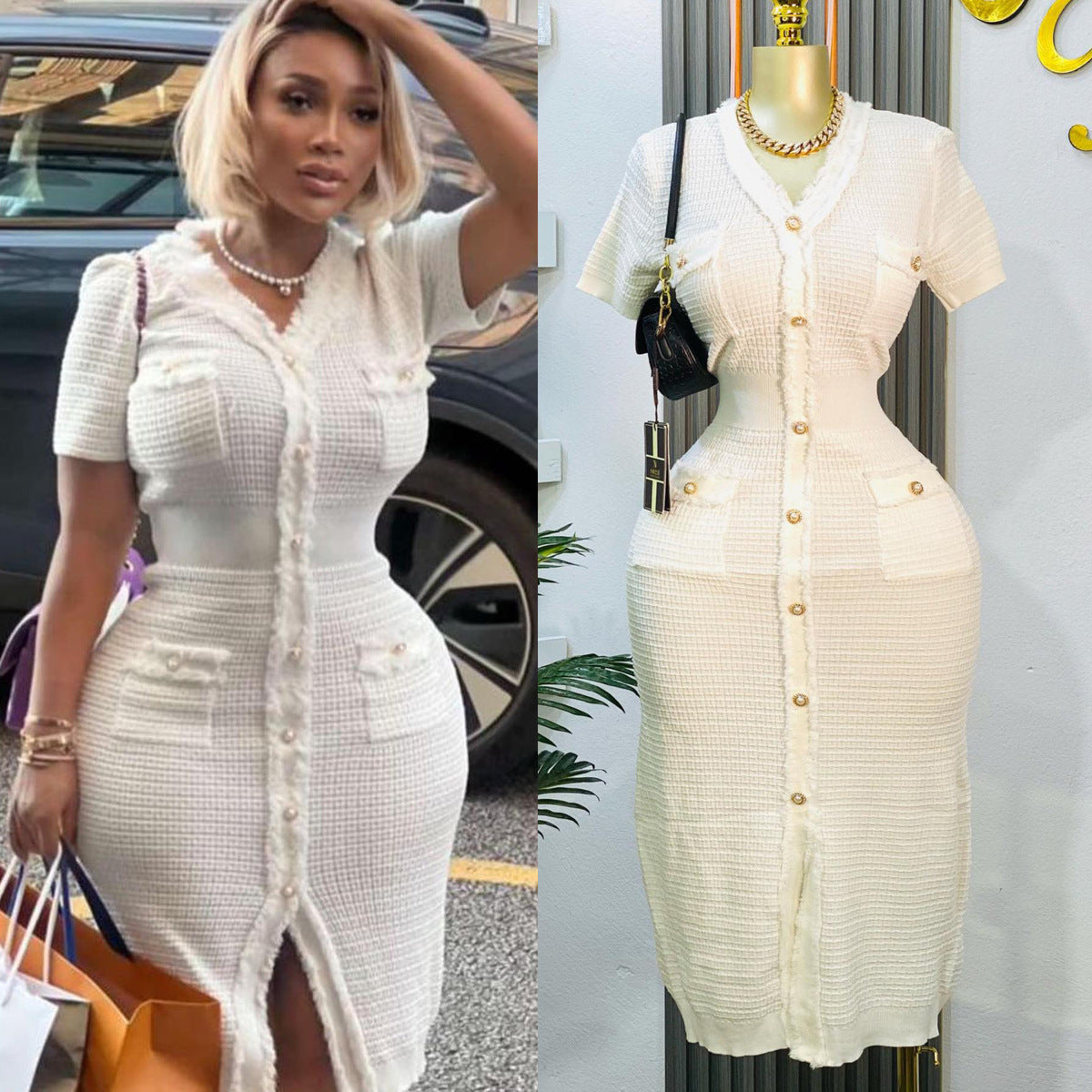 Women's Elegant V-Neck Short Sleeve Slim-Fit Knitted Dress