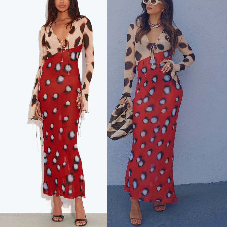 Women's Sexy Leopard Mesh Printed Lace-Up Long Sleeve Stretch Dress