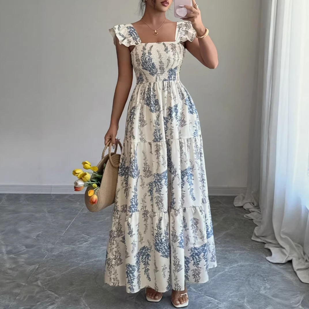 Women's Summer Flower Printed Square-Neck Short Sleeve Tight Waist Long Dress