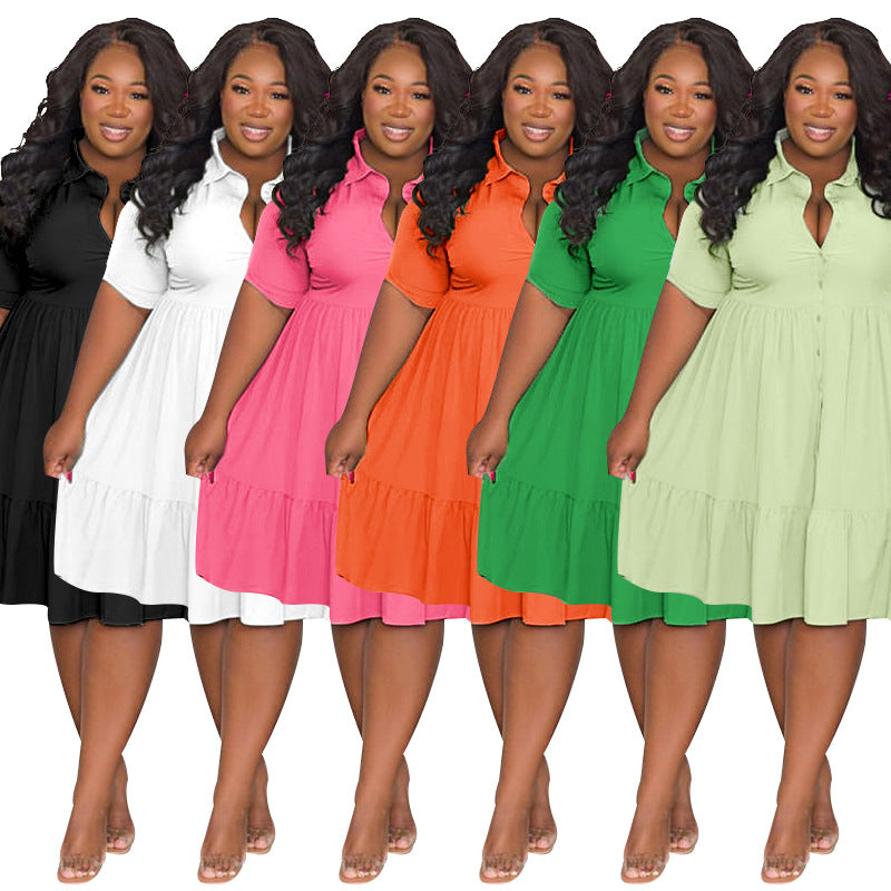 Women's Summer Casual Plus Size Lasel Single-Breasted Short Sleeve Shirt Dress