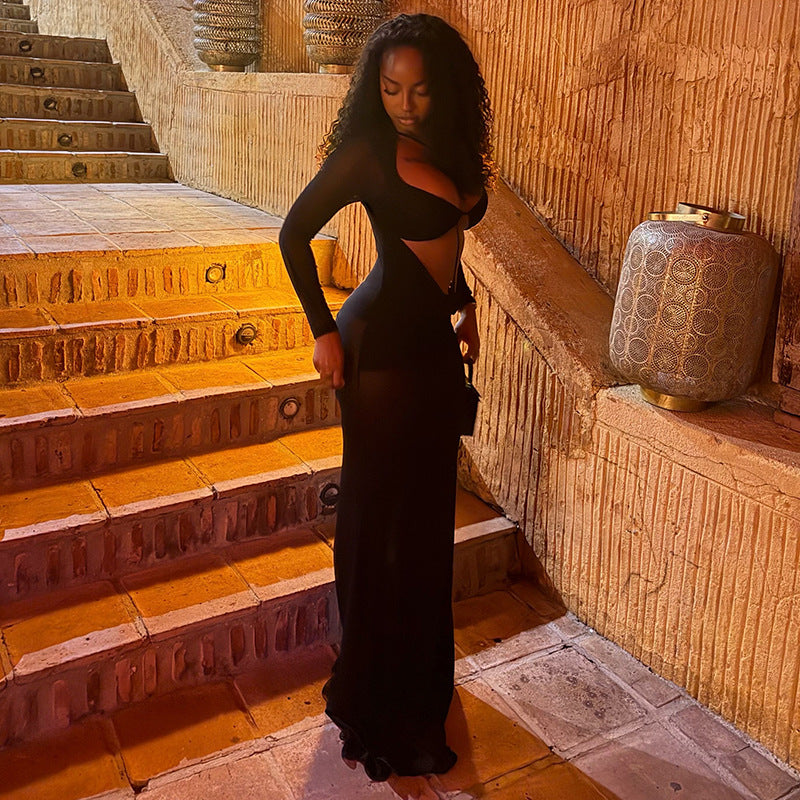 Women's Sexy Solid Color Hollow-Out Long Sleeve Long Dress