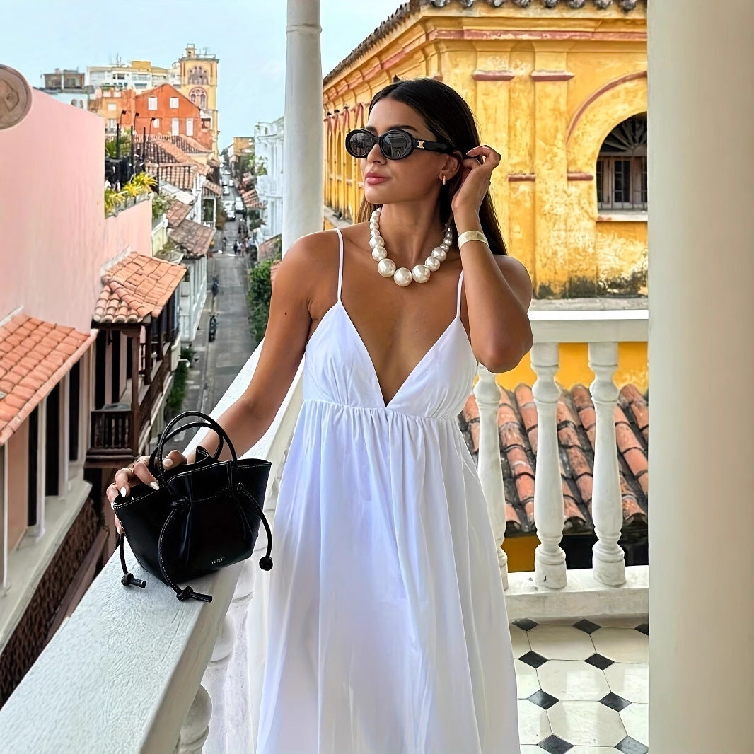 Women's Vacation Solid Color Sling V-Neck Loose A-Line Maxi Dress