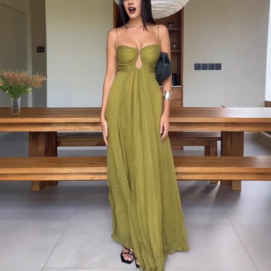 Women's Sexy Solid Color U-Shaped Spaghetti Strap Loose Polyester Long Dress