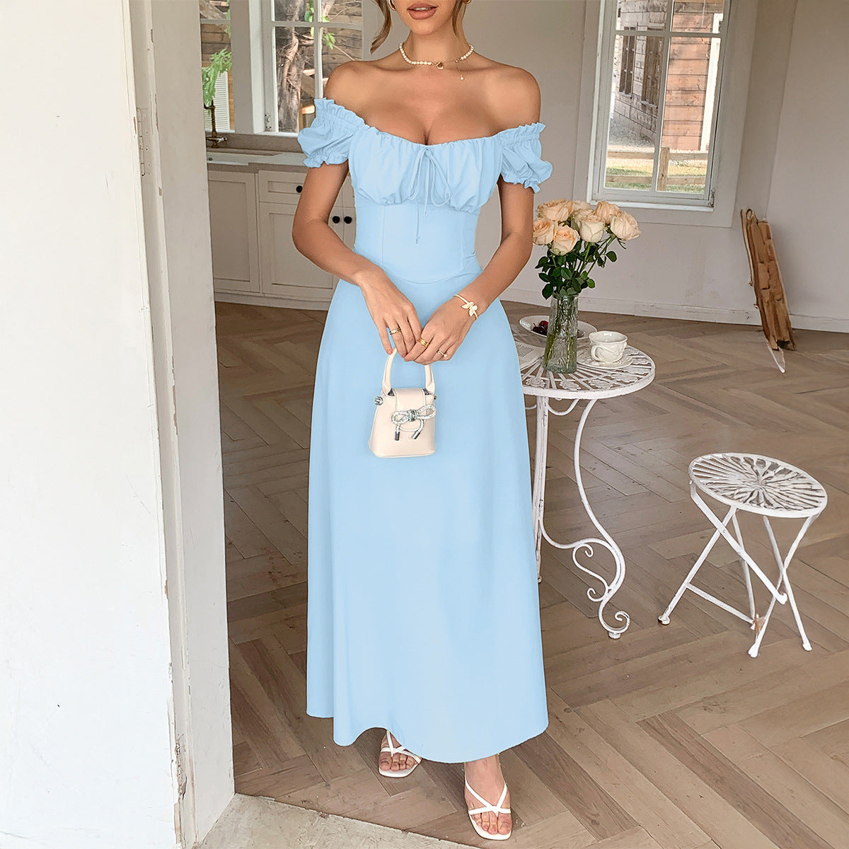 Women's Spring and Summer Solid Color Lace-Up Pleated Puff Sleeve A-Line Dress