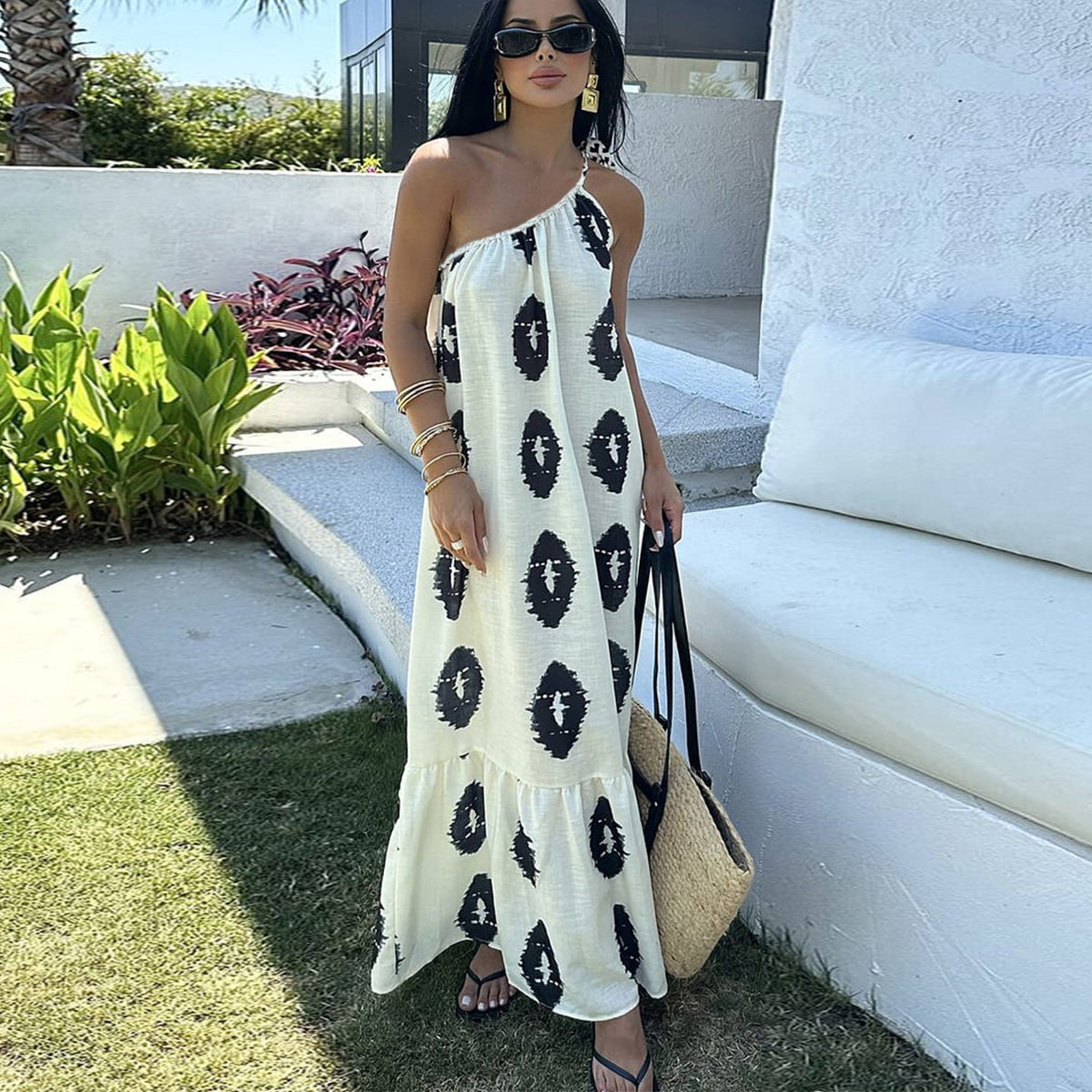 Women's Casual Shoulder Print Vacation Maxi Dress