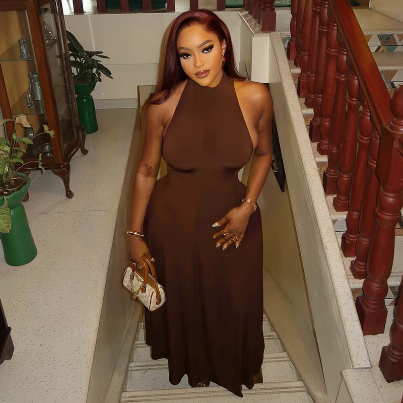 Women's Solid Color High Neck Halter Sleeveless Backless Tight Waist Dress