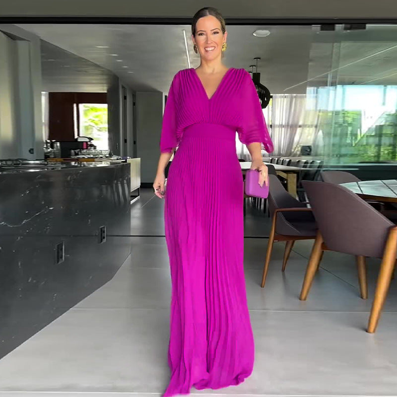 Women's Autumn Solid Color V-Neck Bat Sleeve High Waist Maxi Dress