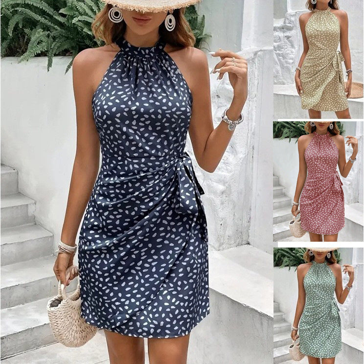 Women's Summer Casual Hanging Neck Tiny Flower Print Dress