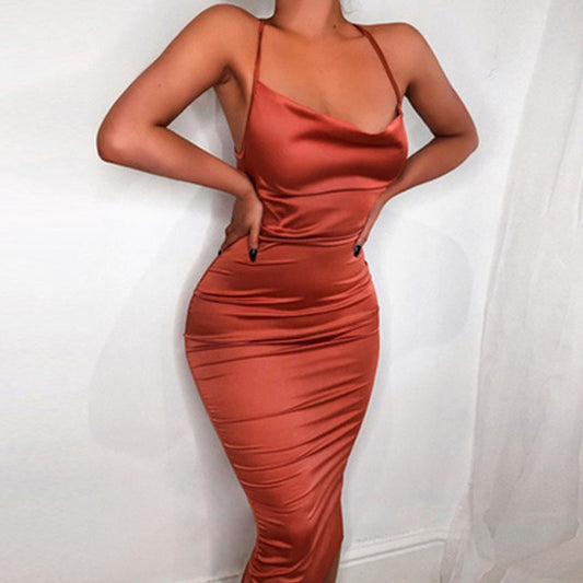 Women's Sexy Satin Strap Backless Dress