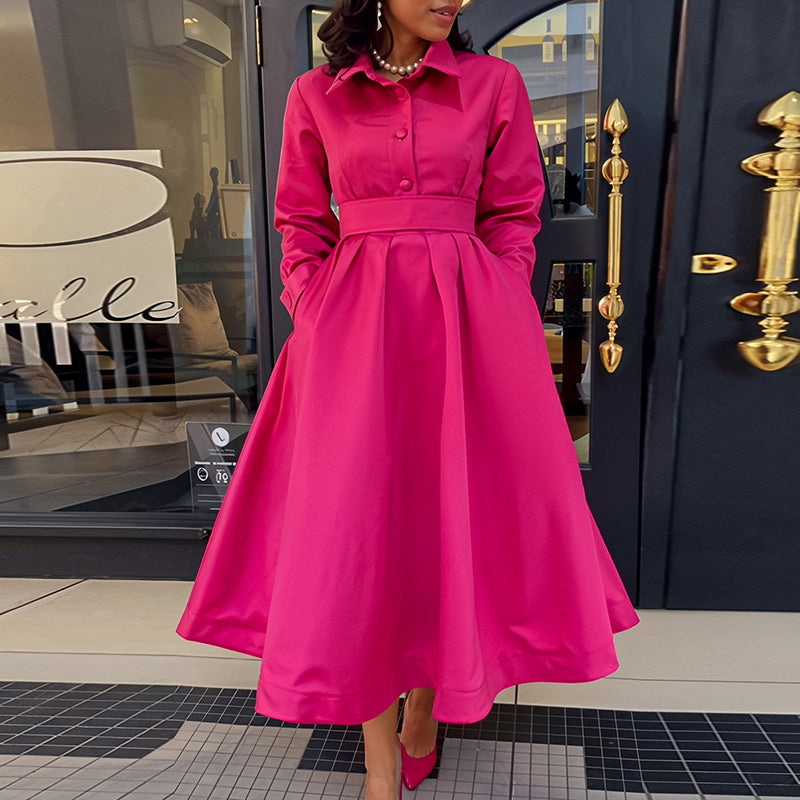 Women's Plus Size Large Swing Solid Color Lapel Long Sleeve A-Line Midi Dress
