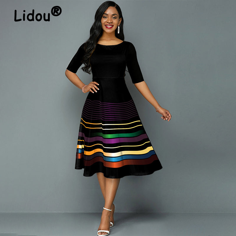 Women's Round Neck Short Sleeves Stripe Color Blocking Summer Swing Dress