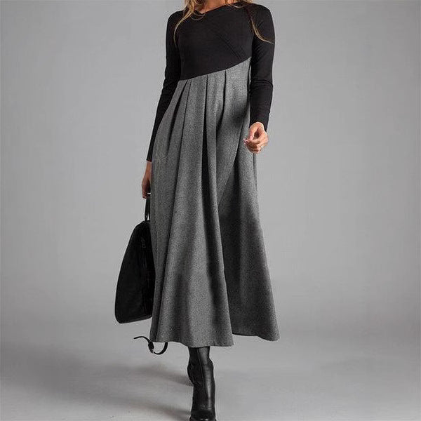 Women's Autumn and Contrast Color Woolen V-Neck Long Sleeve Stitching Dress