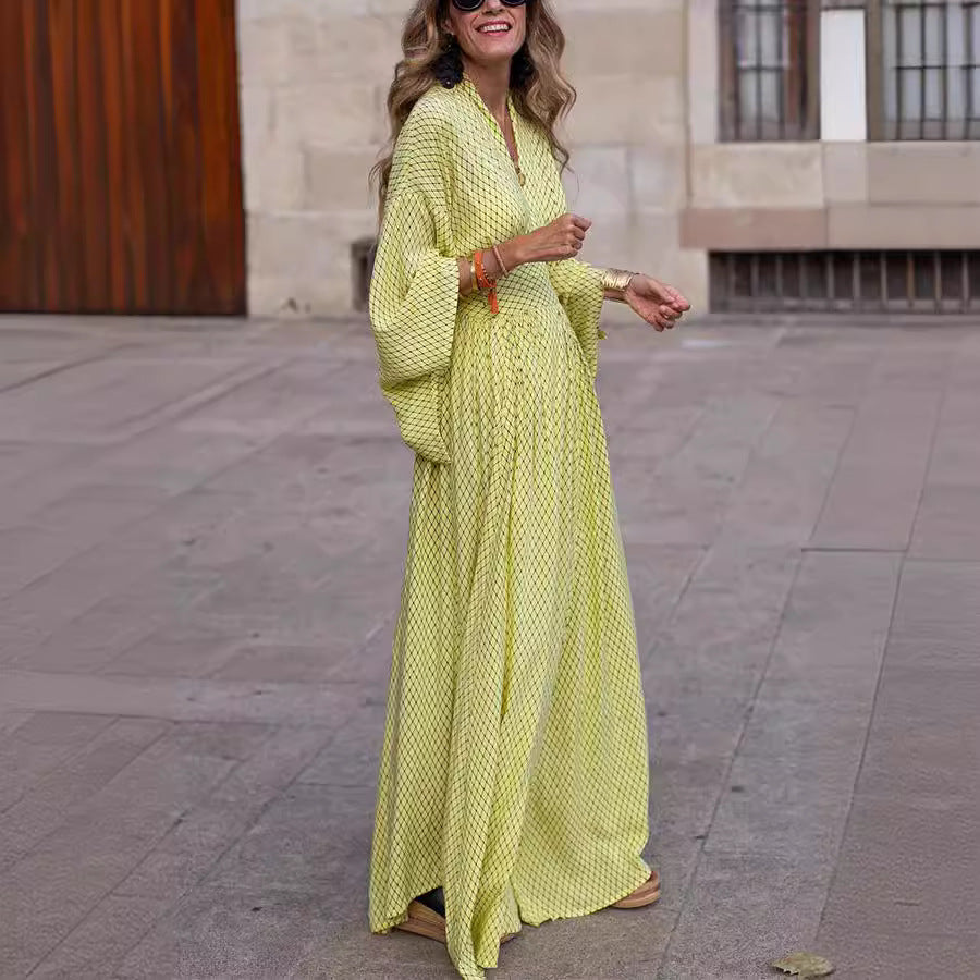 Women's Casual Geometric Pattern V-Neck Long Sleeve Loose Maxi Dress