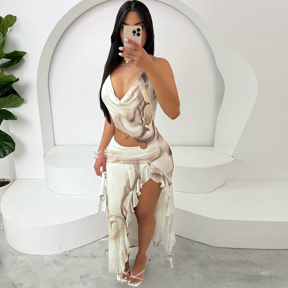 Women's Sexy Spring and Summer Irregular Tie Dye Print Hollow-Out Split Dress