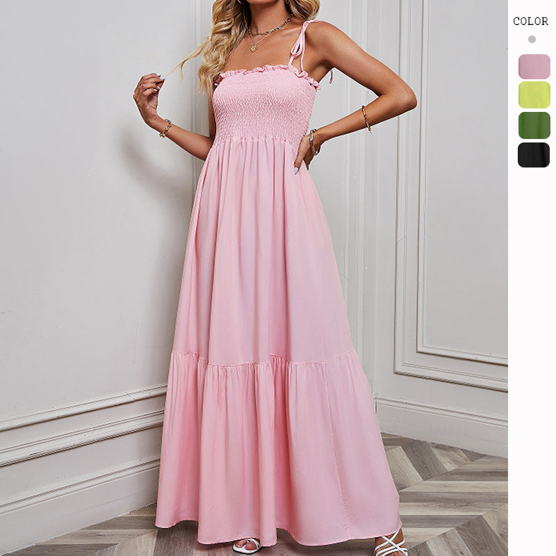 Women's Spring and Summer Casual Solid Color Strap a Line Maxi Dress