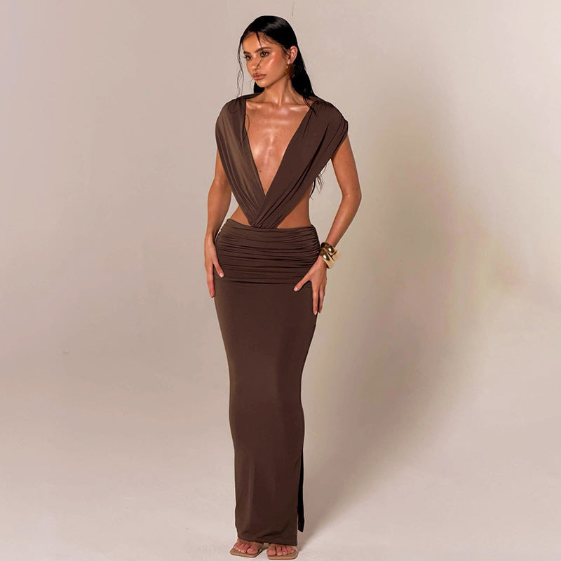 Women's Sexy Summer Solid Color Sleeveless Neck Backless Slim-Fit Dress