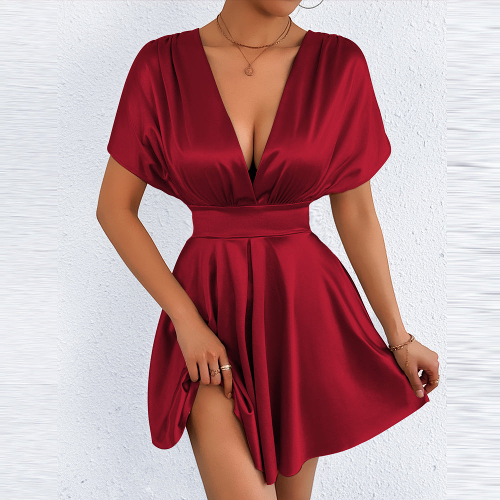 Women's Elegant Solid Color V-Neck Short Sleeve Waist A-Line Dress