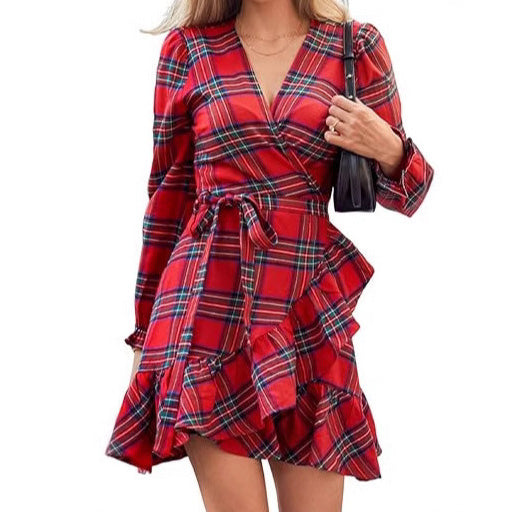 Women's Casual Plaid Printed V-Neck Bubble Sleeve Lace-Up Ruffled Dress