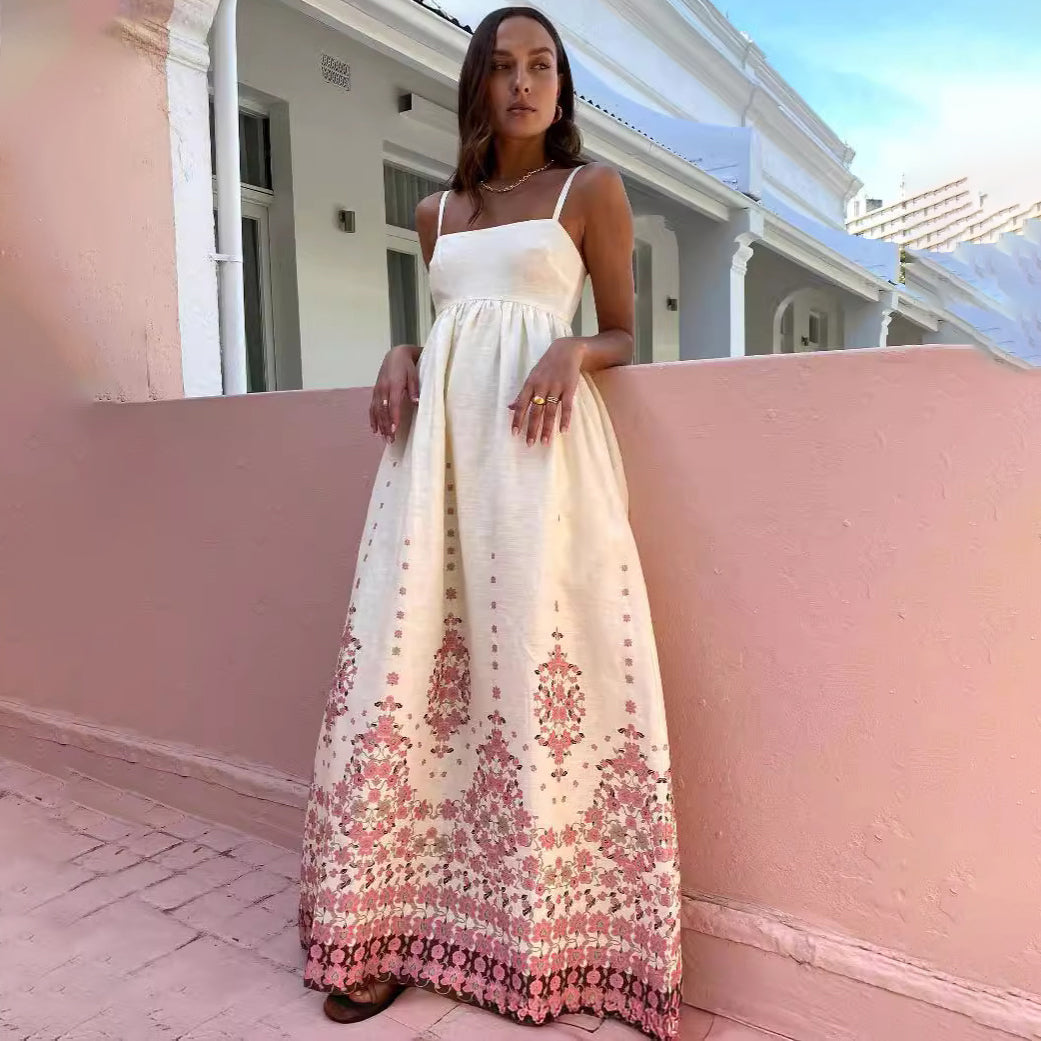 Women's Sexy Boho Vacation Printed Cotton Linen Spaghetti Strap Loose Dress