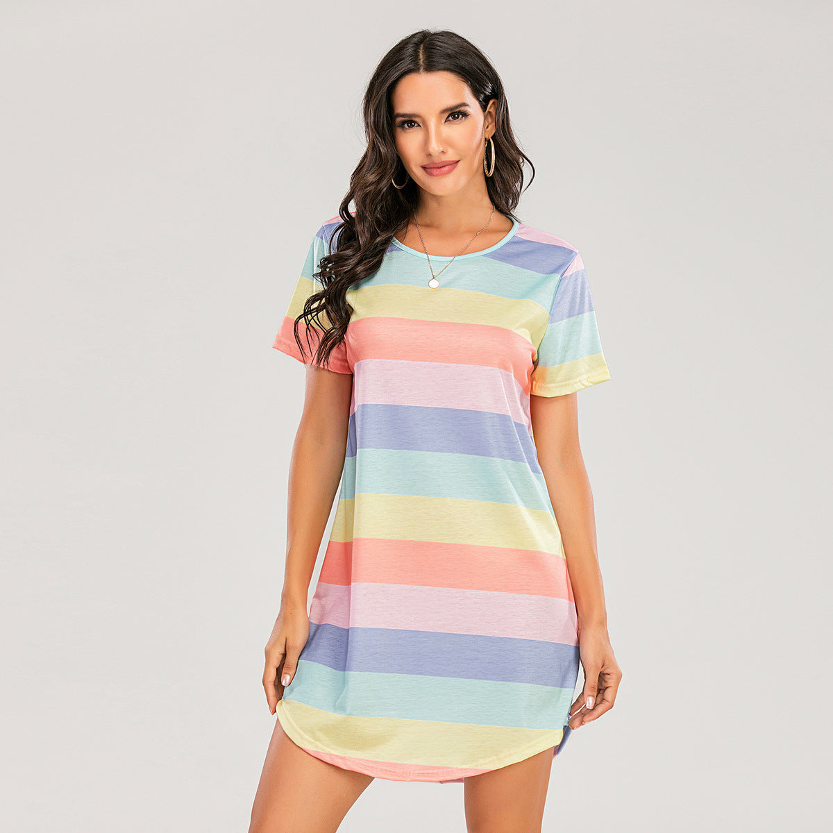 Women's Casual Spring and Summer Rainbow Stripe Short Sleeve Loose Dress
