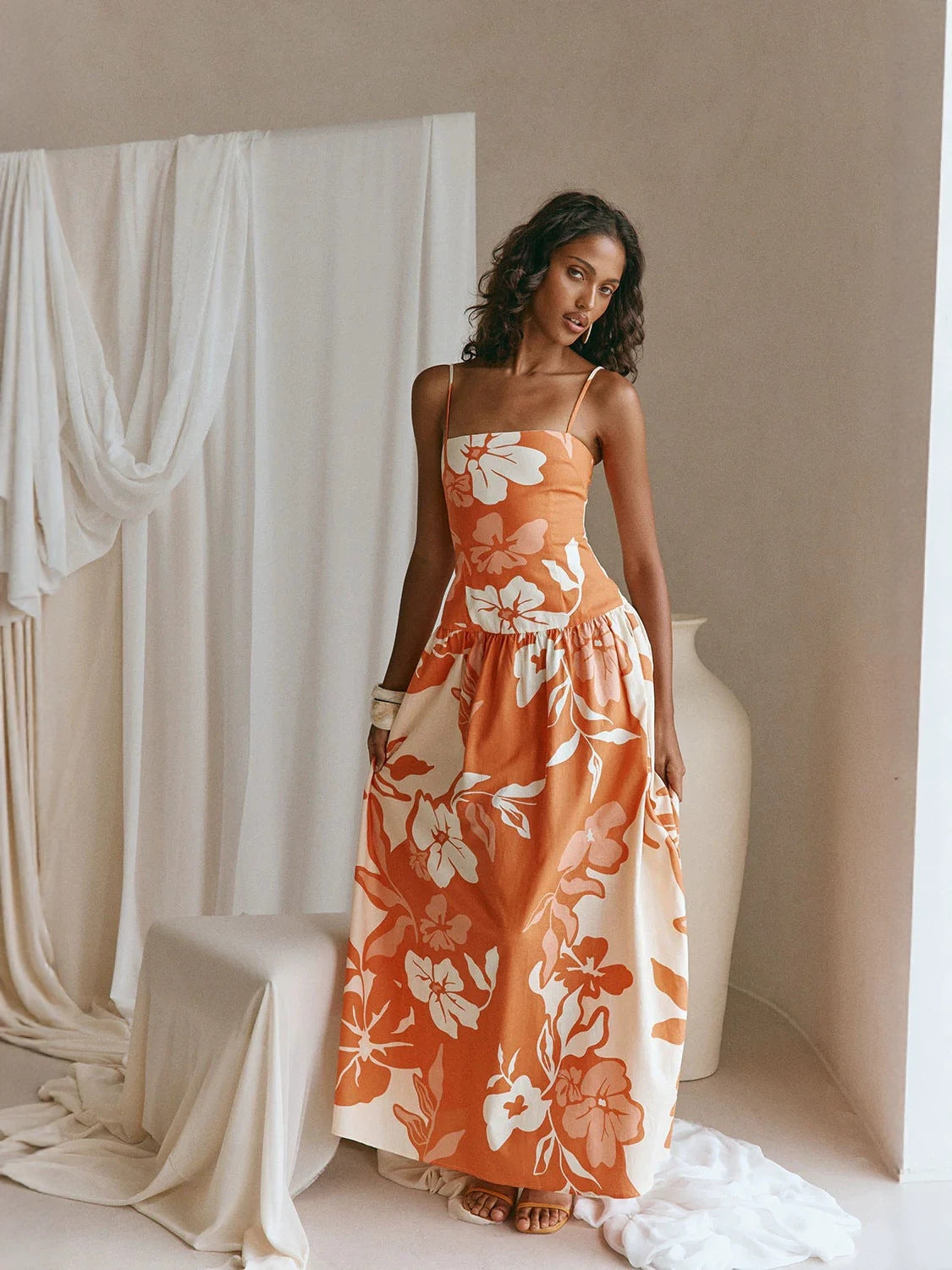 Women's Sexy Summer Floral-Print Spaghetti Straps Slim-Neck Dress