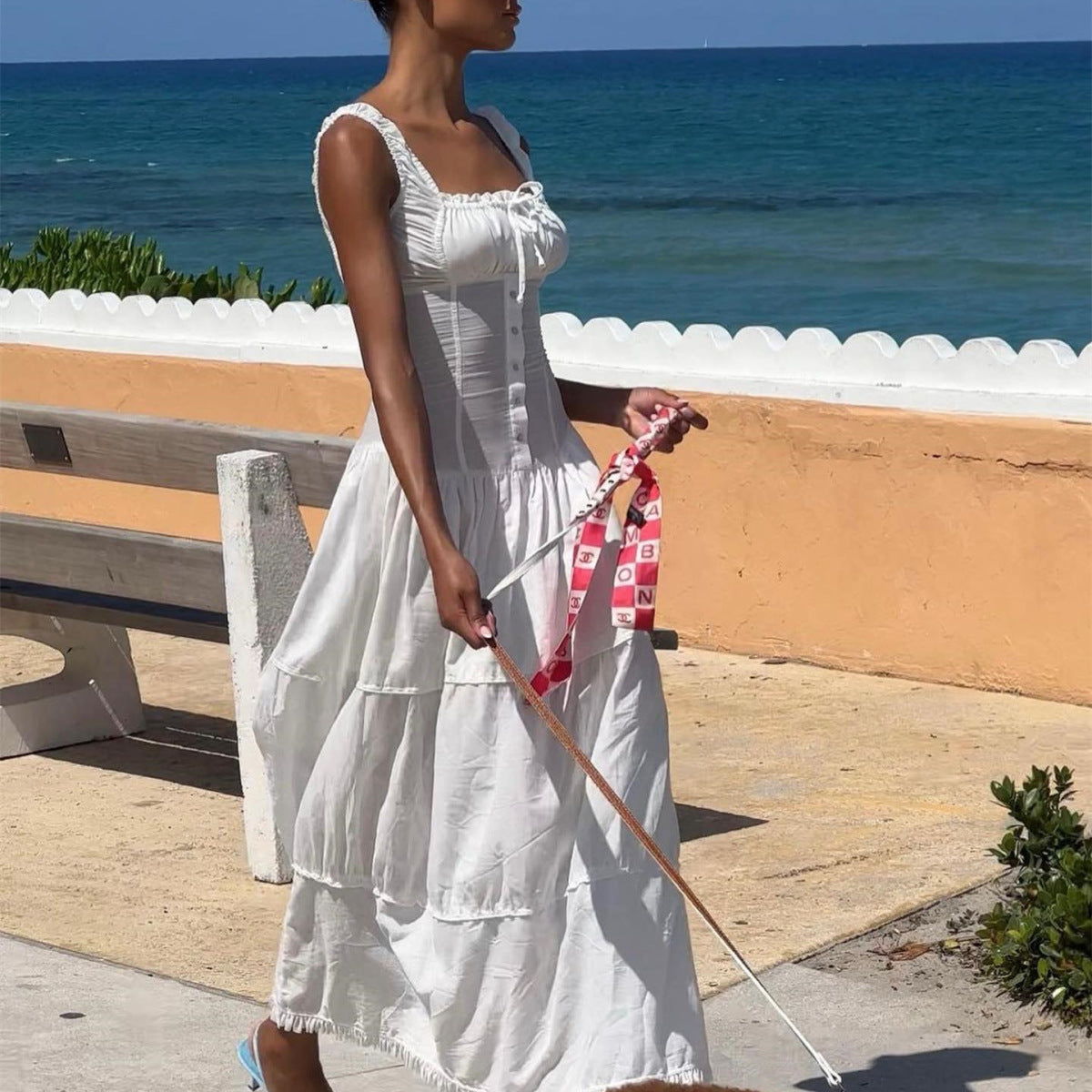 Women's Elegant Solid Color Sling Maxi Dress, with U