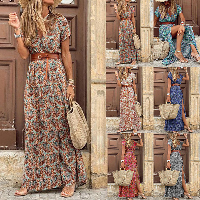 Women's Bohemian Vintage Summer V-Neck Short Sleeves Maxi Dress, with Belt