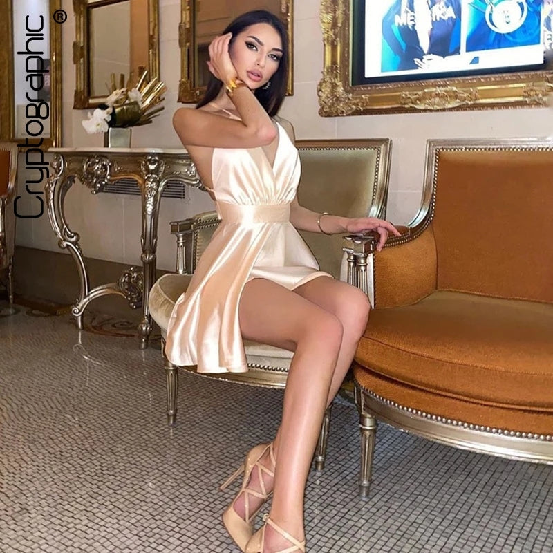 Women's Satin Backless Sleeveless V-Neck Solid Color Ruffled Night Out Dress