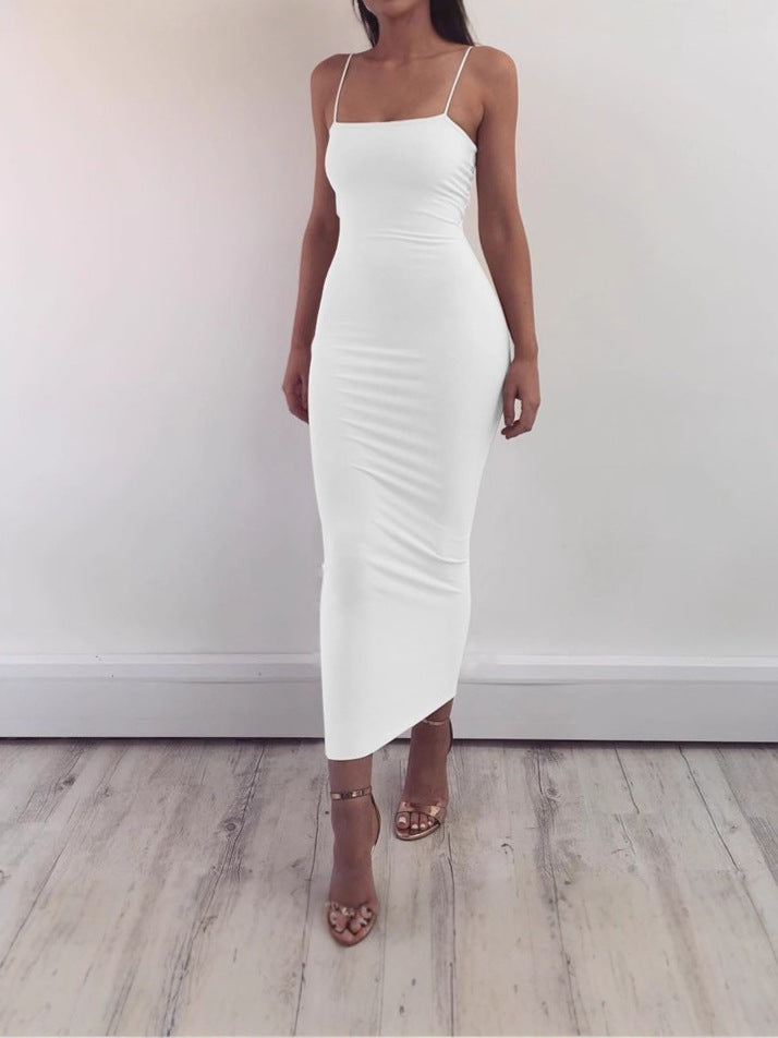 Women's Sexy Backless Spaghetti Strap Slim Fit Solid Color Dress