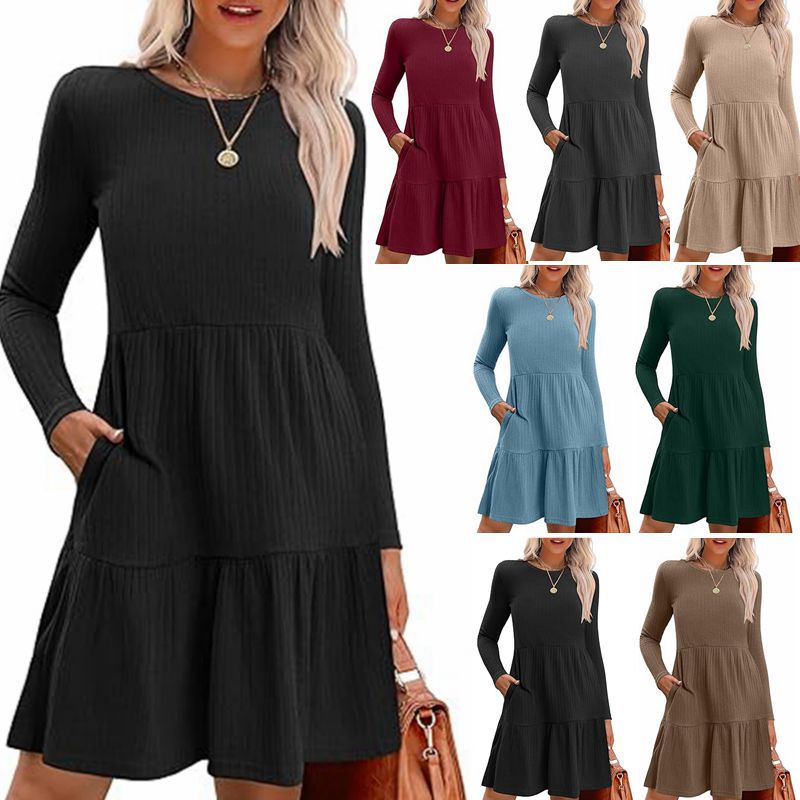 Women's Crewneck Pocket Casual Knee Length Long Sleeve Knitted A-Line Dress