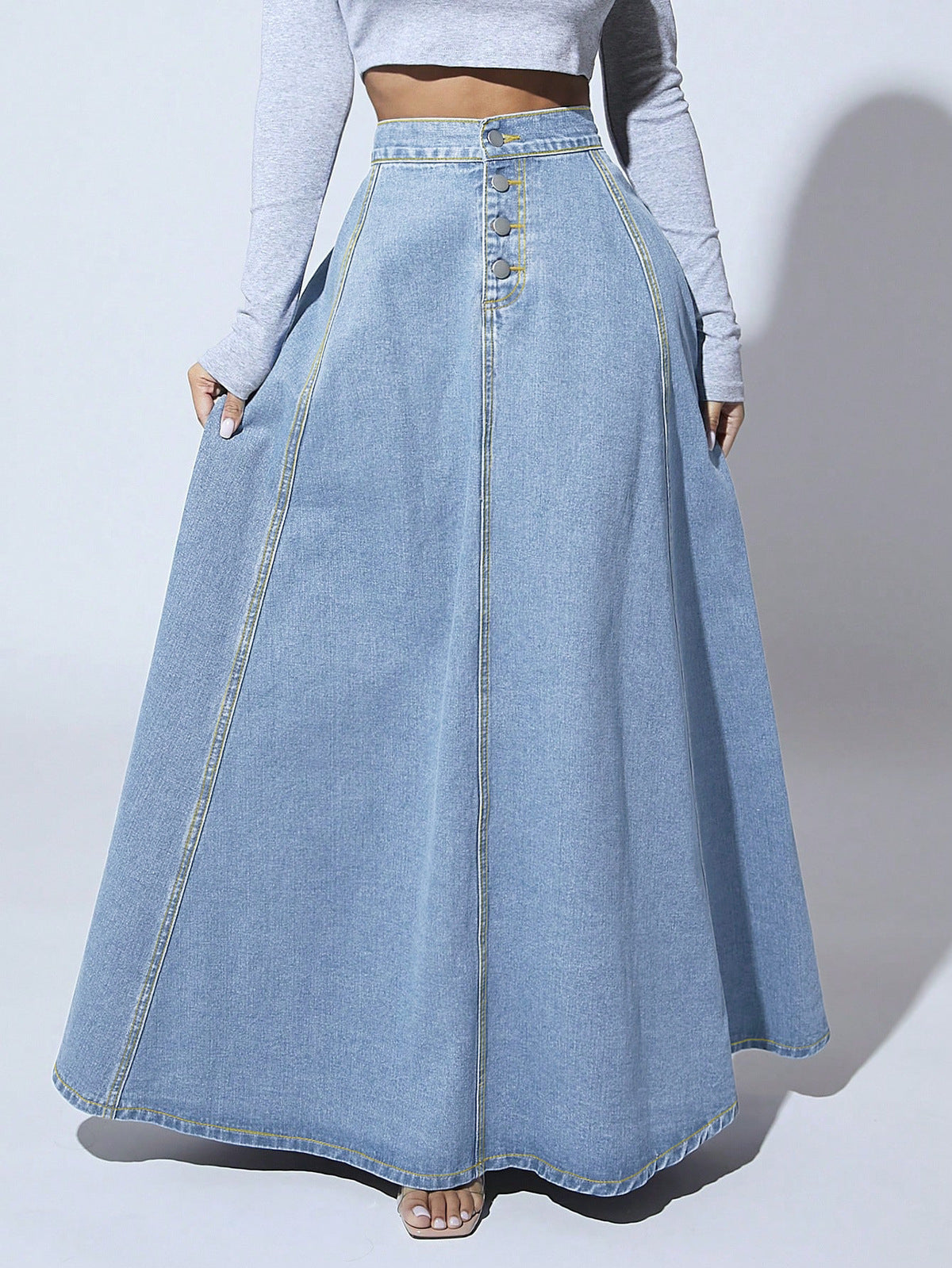 Women's Single-Breasted Denim A-Line Skirt Style Long Dress