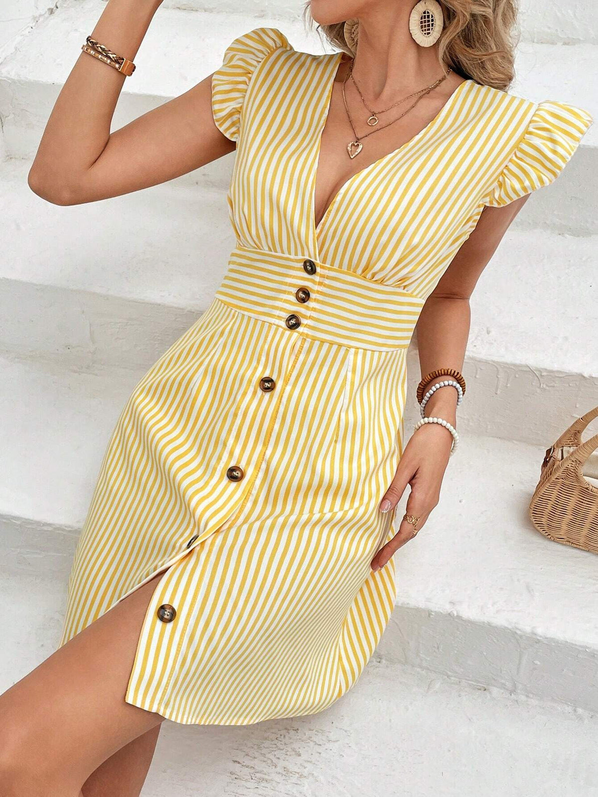 Women's Summer Casual Stripe Print Ruffled V-Neck Single-Breasted Mini Dress